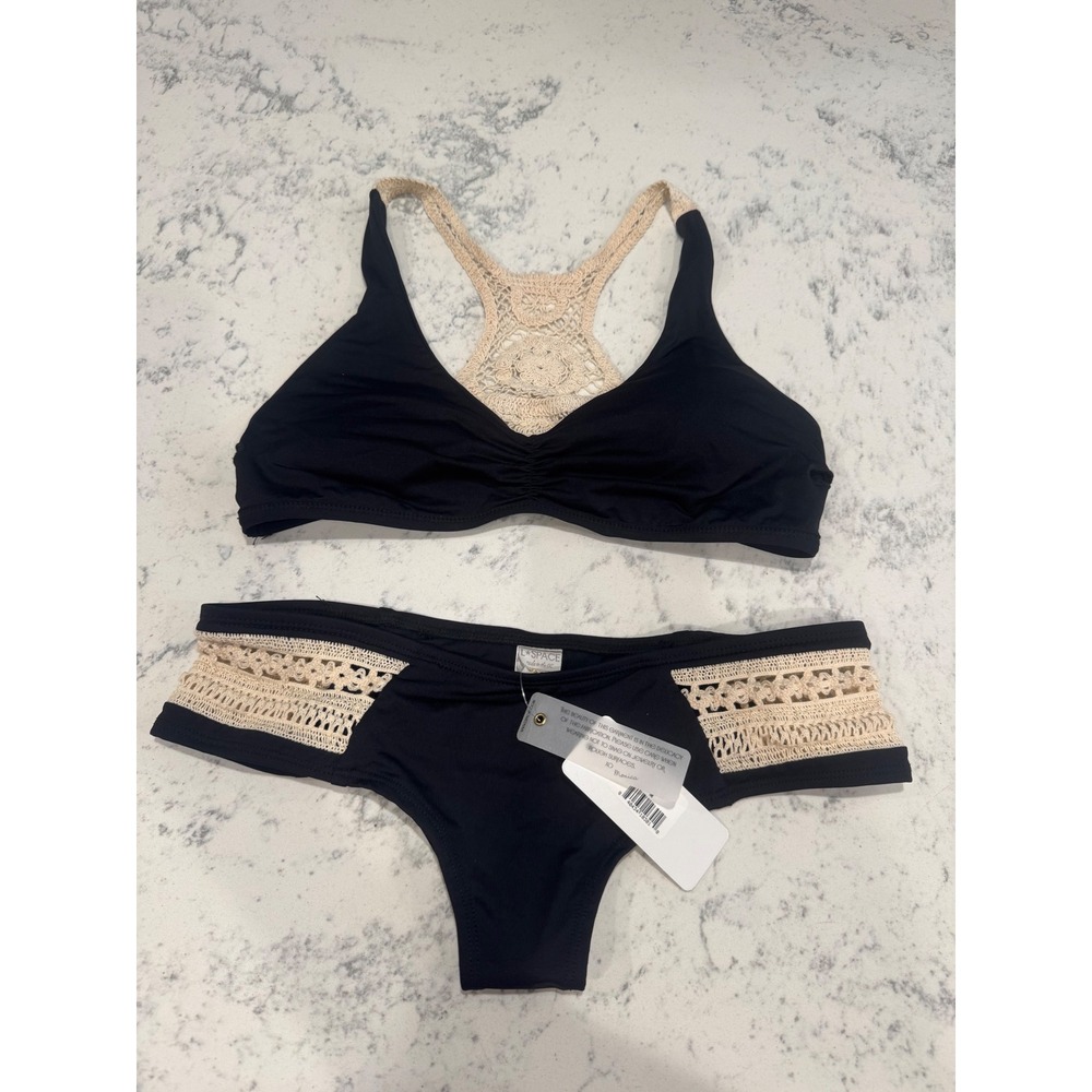 L*Space Monica Wise Black Crochet Racerback Bikini Set 2Piece Swimsuit MediumNWT - Picture 4 of 12